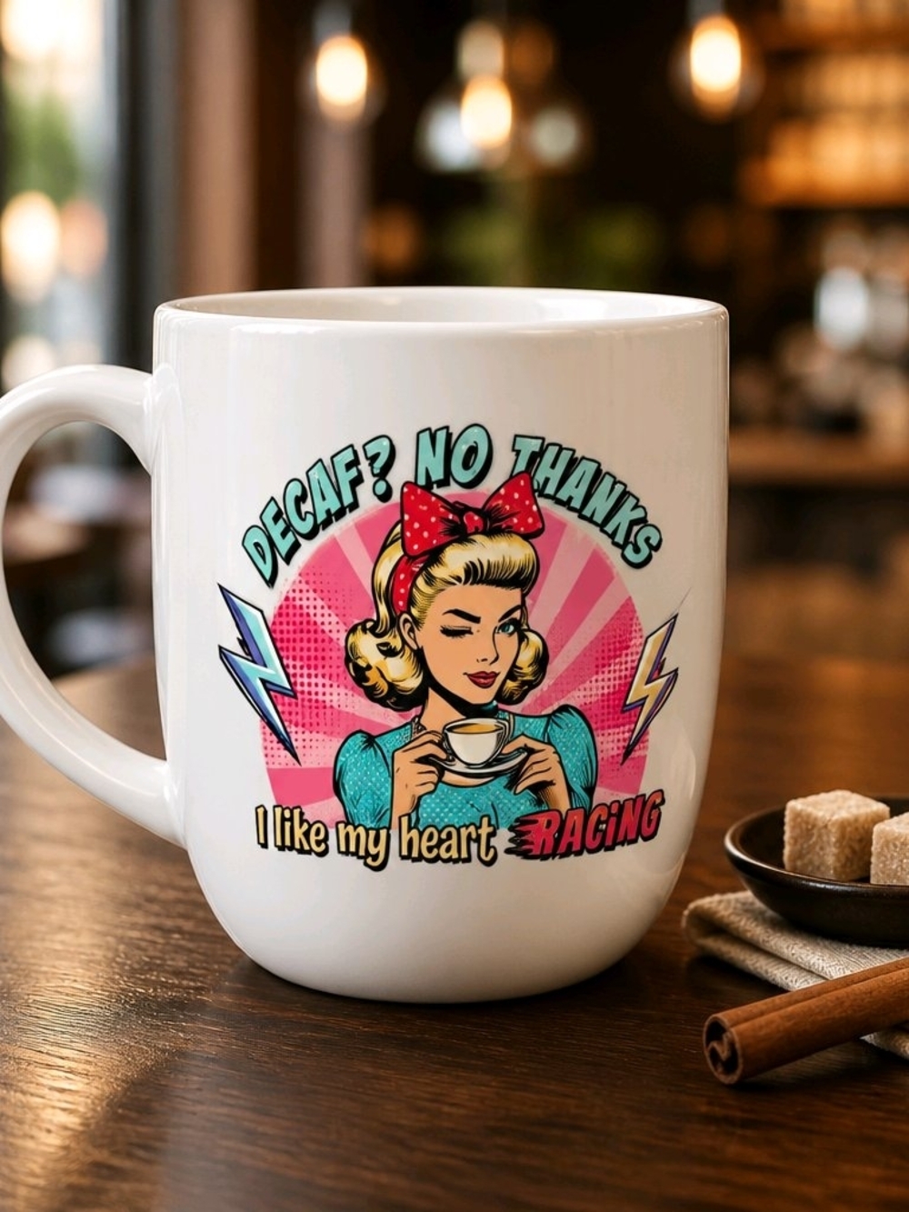 White Ceramic Coffee Mug - Decaf? No Thanks Graphic